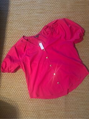 New York & Company Hot Pink Puff-Sleeve Button Front Blouse